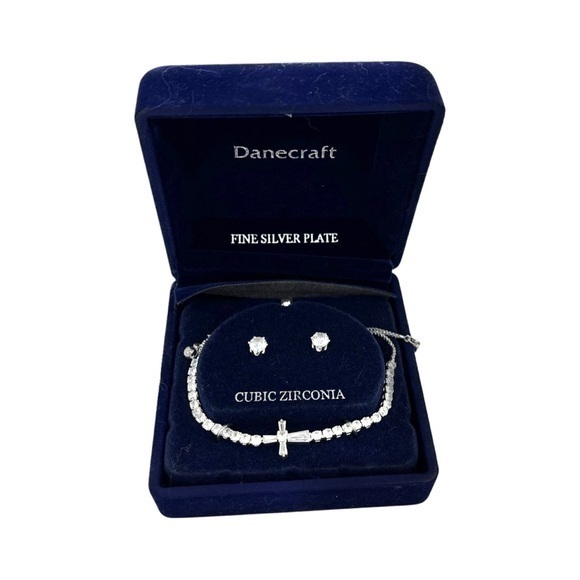 NWT Danecraft Fine Silver Plate Cubic Zirconia Cross Bracelet And Stud  Earrings